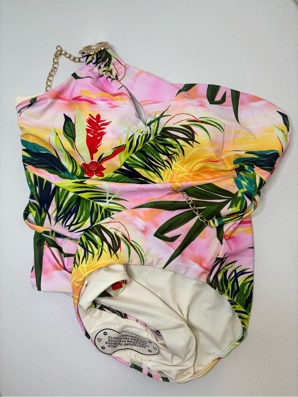 Fashion Nova Pink Tropical One-Piece Swimsuit with Gold Chain - Picture 3 of 6